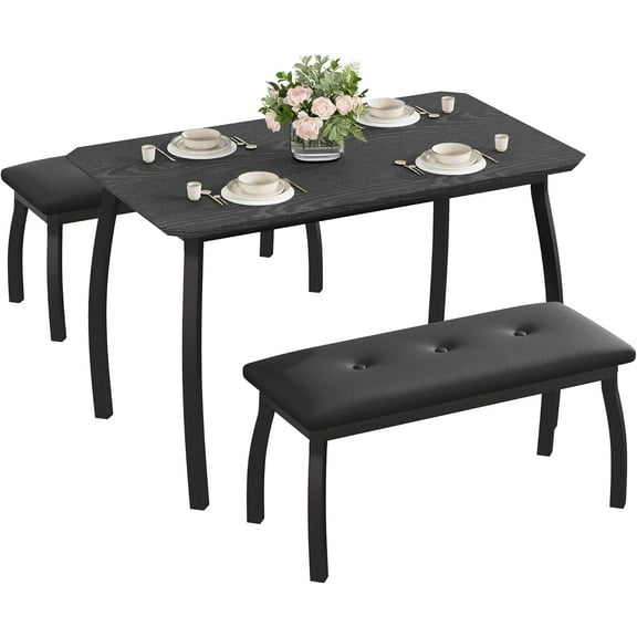 Dining Table Set for 4, Rectangular Wood Kitchen Table with 2 Upholstered Chairs, Modern Farmhouse Dining Set for Small Spaces, for Kitchen Room and Small Spaces (Black)