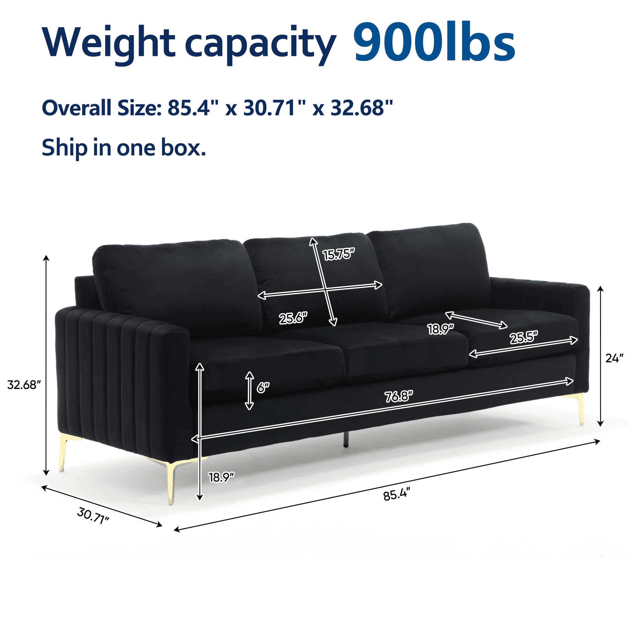 Lunale 85" Velvet Sofa, 3-Seater Deep Seat Cloud Couch, Modern Living Room Furniture, Black