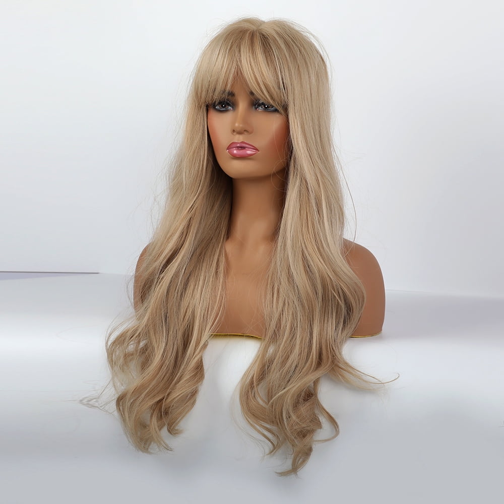 NOGIS Women Long Synthetic Wig Light Blonde Wigs with Bangs Natural Wave Long Curly Heat Resistant  Synthetic Wig