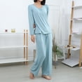 thumbnail image 7 of BOVXNPU Pajama Set For Women Women Solid Summer Lightweight Round-Neck Long-Sleeved Long Pants Home Attire Set Of 2 Pieces Women Sleepwear, 7 of 7