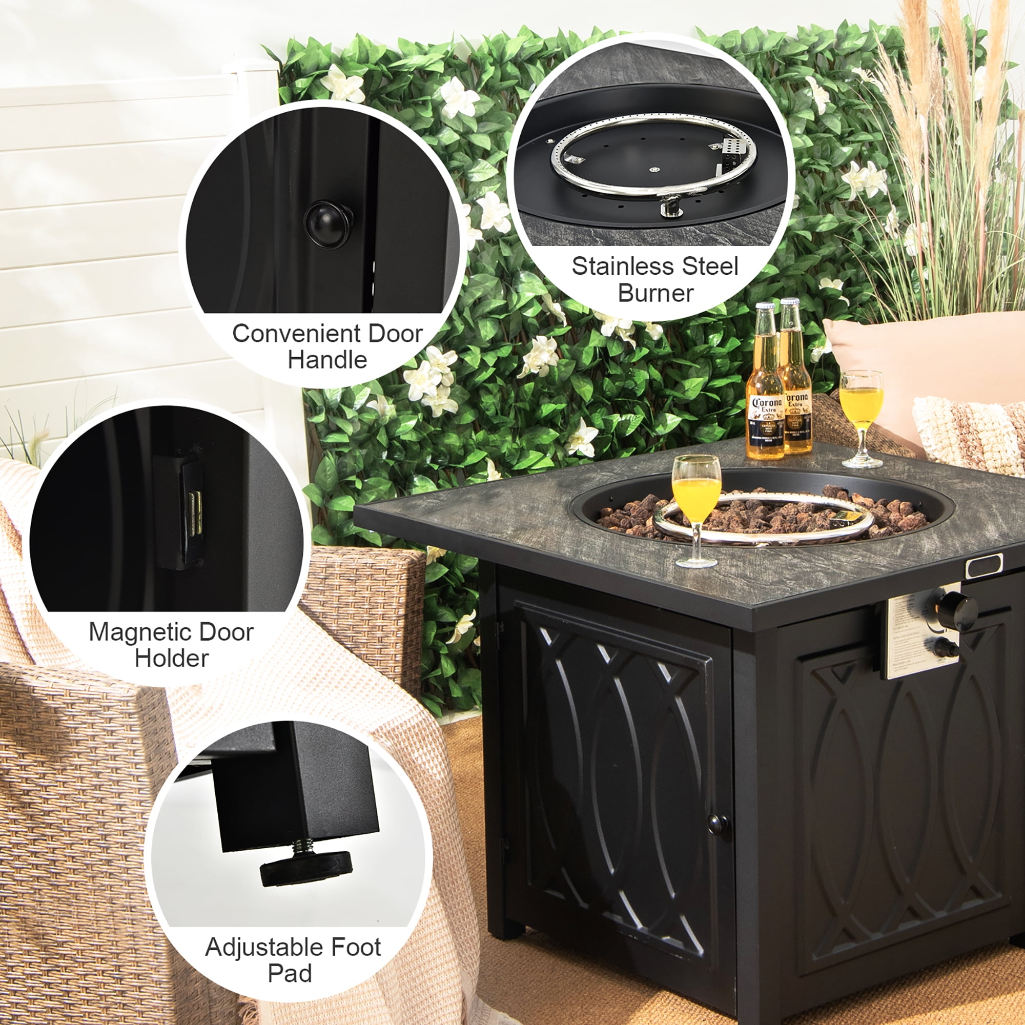 Costway 32'' Propane Fire Pit Table Square Tabletop w/Lava Rocks Cover 50,000 BTU