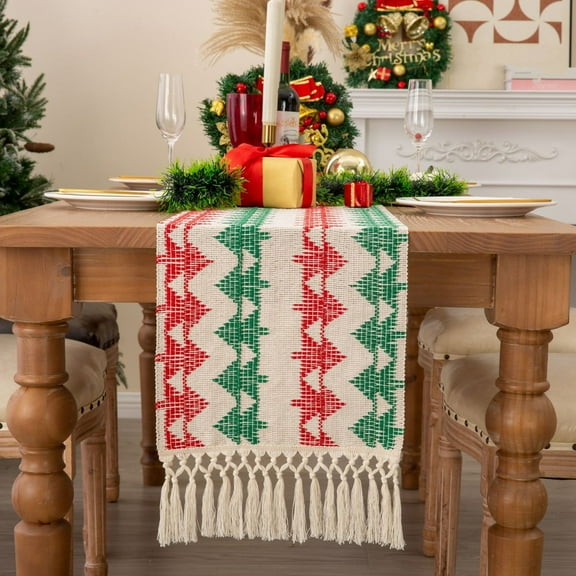Hiroekza Elegant Christmas Table Runner 72 Inch Long - Red & Green Xms Tree Cotton Woven Burlap Table Runers with Tassel for Home Kitchen Dining Table Centerpiece Decor Red
