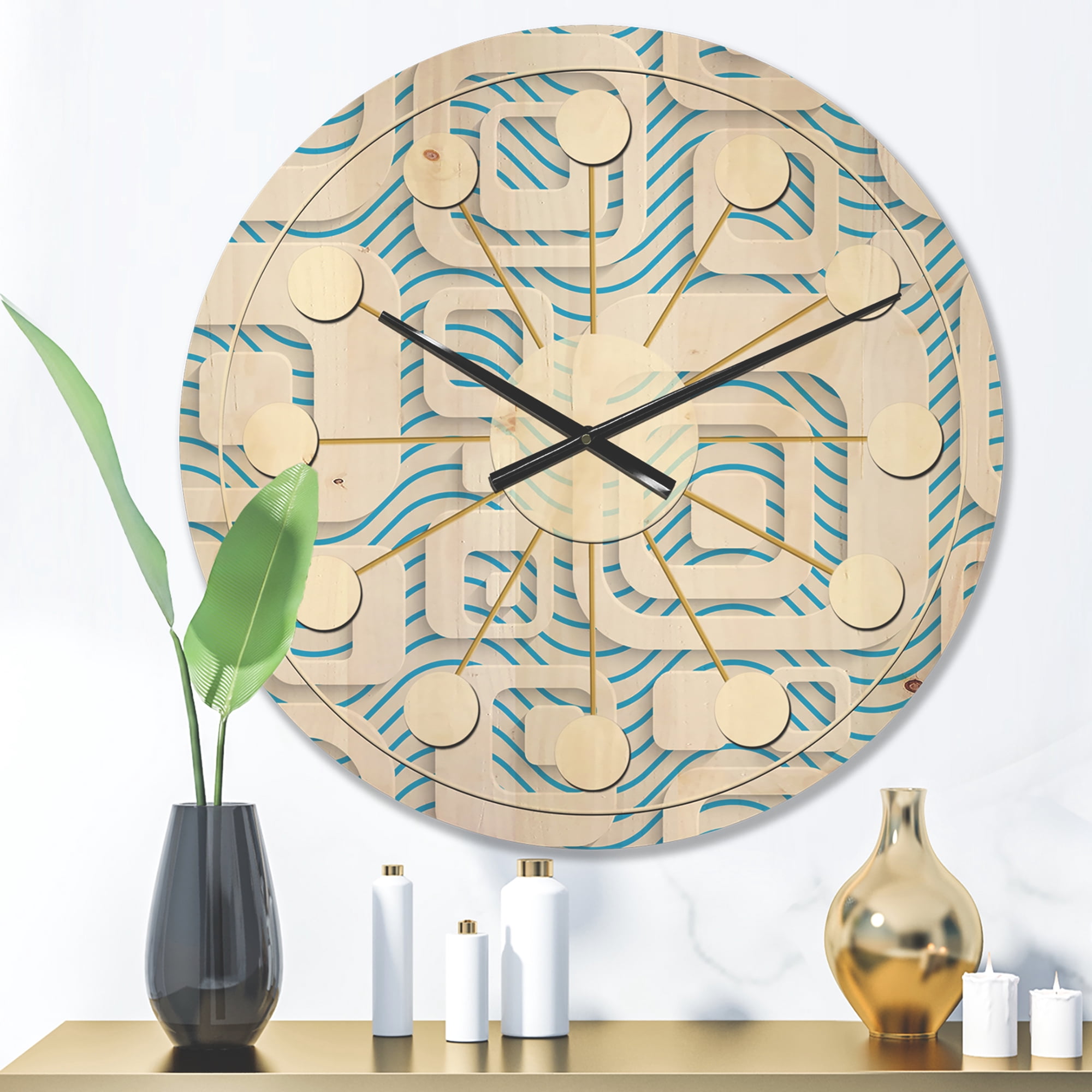 Designart '3D Blue and White Pattern I' Mid-Century Modern Wood Wall Clock