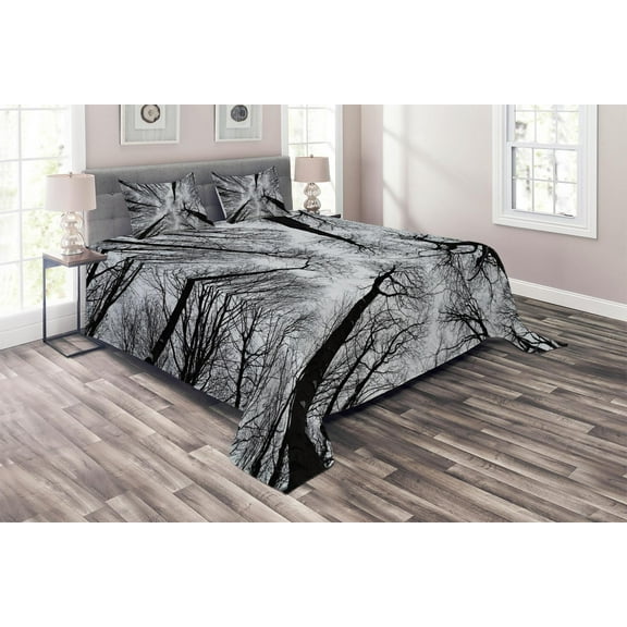 Ambesonne Horror Quilted Coverlet 3 Pcs, Dark Winter Forest Tree, King Size, Black Grey