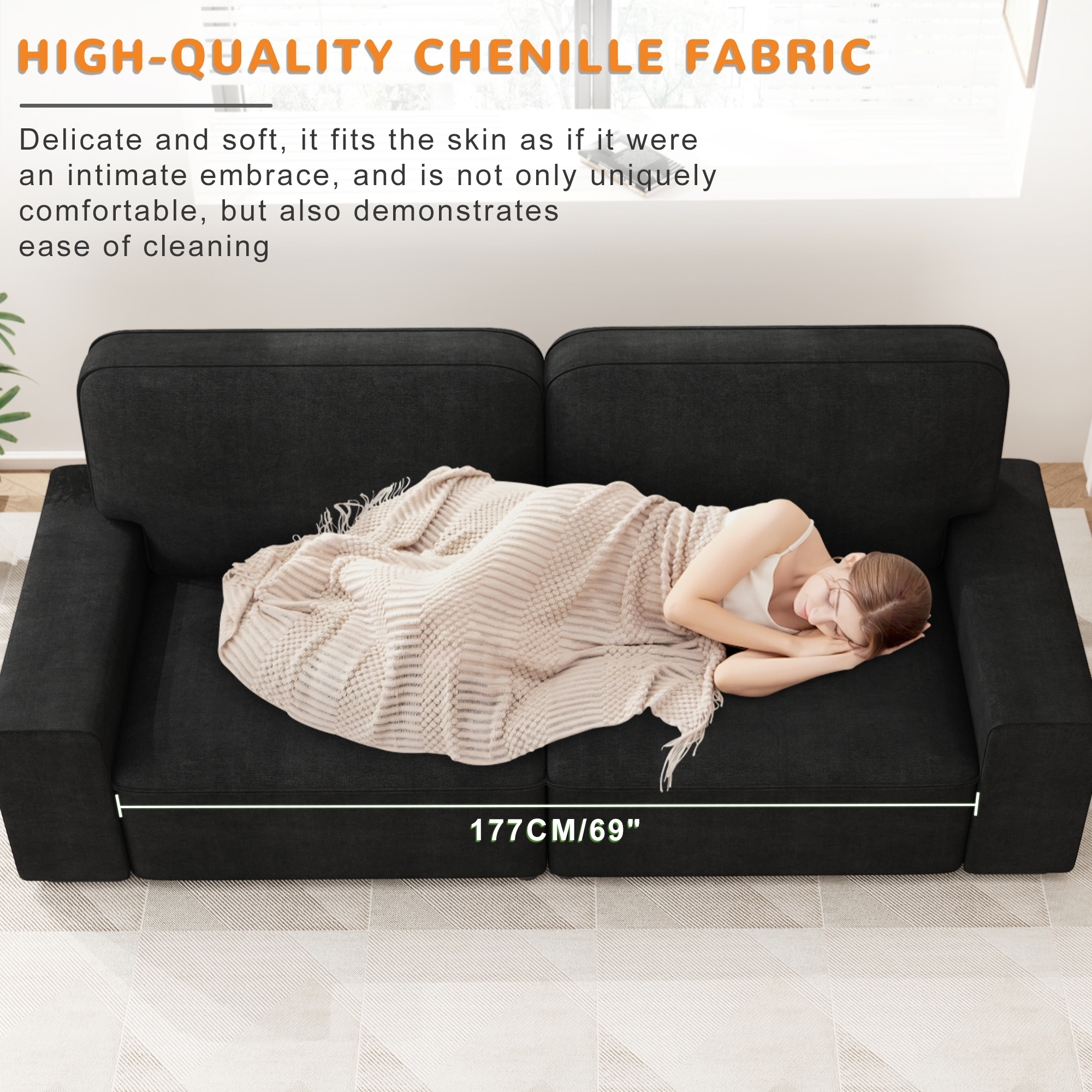 AAQZ 87" Comfy Sofa for Living Room, 3 Seater Chenille Fabric Couch for Small Space, Dark Gray