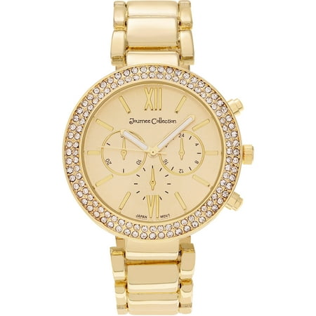 Journee Collection Women's Rhinestone Paved Roman Numeral Dial Link Bracelet Fashion Watch, Gold
