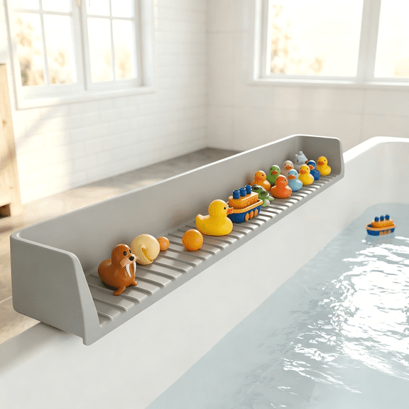 Bathtub Splash Guard for Kids, 2.6FT Long Silicone Tub Water Guard with Play Shelf, Bath Toy Tray Caddy to Prevent Water Spills in Bathroom