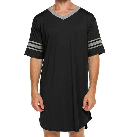 Merqwadd Men Cotton Nightshirt Short Sleeve V-Neck Soft Loose Nightwear