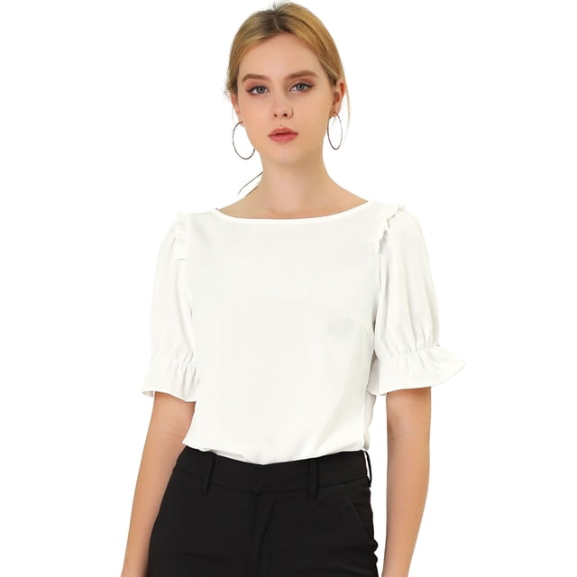 INSPIRE CHIC Blusa Con Volantes Cuello Redondo Mangas Cortas Abullonadas Para Mujeres Blanco L