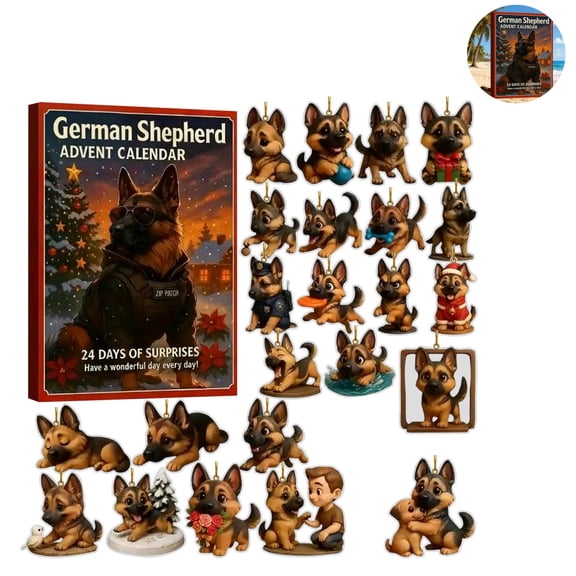 24PCs German Shepherd Advent Calendar Box, 2D Acrylic Christmas Countdown Ornament Set, Fun Holiday Surprise Gift for Dog Lovers