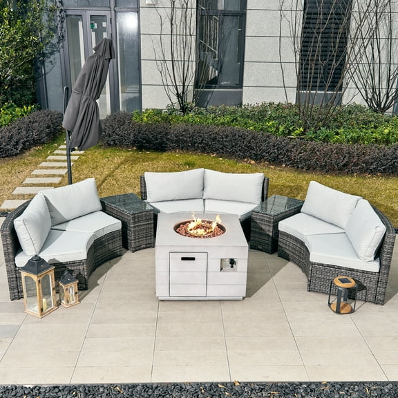 Direct Wicker 9-Piece Outdoor Halfmoon Shape Patio Wicker Sectional Sofa Set with Fire Pit Table