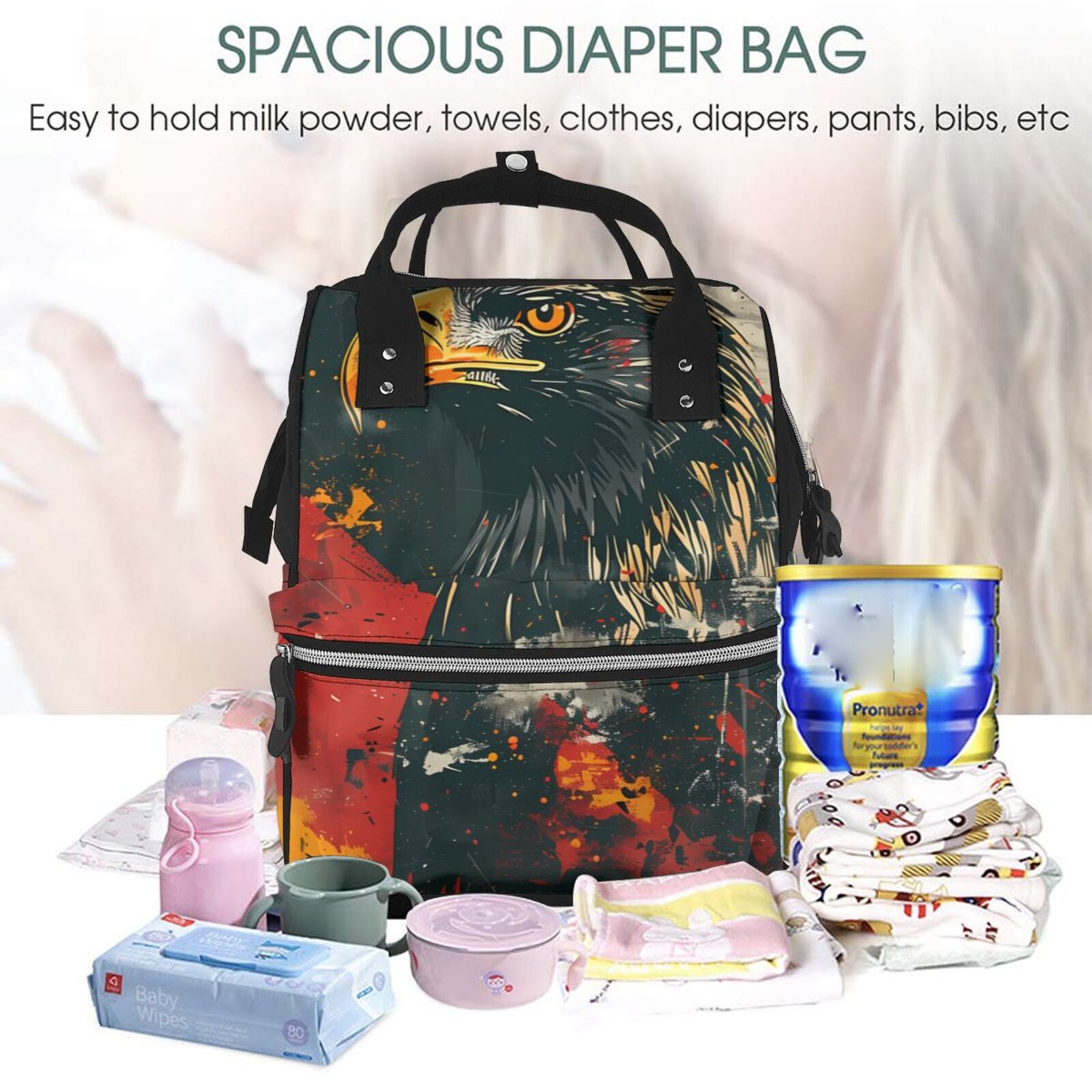 Fuzoiu Ink Style Bald Eagle Print Diaper Bag Backpack,Baby Essentials Travel Tote,Multi function Waterproof Diaper Bag, Travel Essentials Baby Bag - Unisex