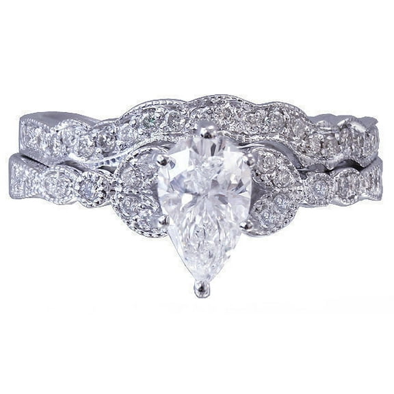 Pear Shape Diamond Engagement Ring Set, Two Piece Diamond Bridal Ring Set, Pave Set Solitaire With Accents Diamond Wedding Ring Set, 14K White Gold Plated, 2.6 Ct Simulated Diamond
