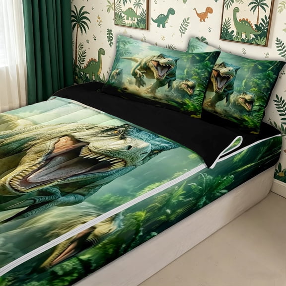 meiyoeat Dinosaur Animals Zipper Twin Comforter Sets with Fitted Sheet and 2 Pillowcases for Kids Boys, Jungle Scene Zipper Bedding Set for Bedroom, Green, Black ReversibleB