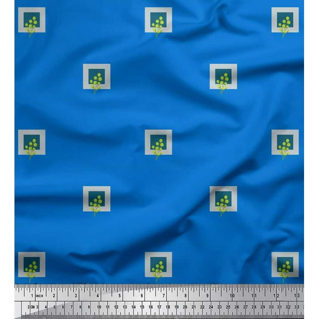 Soimoi Blue Rayon Fabric Boxes & Artistic Leaves Print Sewing Fabric Yard 42 Inch Wide