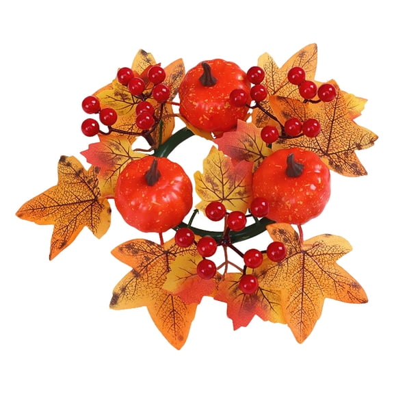 Small Mini Fall Wreath,Pillar Candle Rings with Pumpkin Berry & Maple Leaf,7.48 inch Mini Candle Ring Wreaths,Small Pumpkin Wreath for Halloween Autumn Harvest Tabletop Home Decorations,Orange