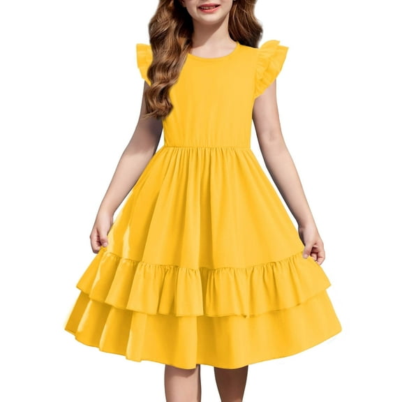 Arshiner Girls Dress Casual Boho Ruffle Sleeve Yellow A Line Flowy Summer Sundress with Pockets for 7-8 Years