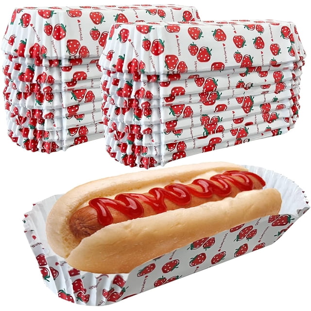 200 bandejas de papel para perros calientes para el hogar, bandeja rectangular estriada para perros calientes de 6,49 pulgadas, envoltorios desechables para perros calientes, (rosa)