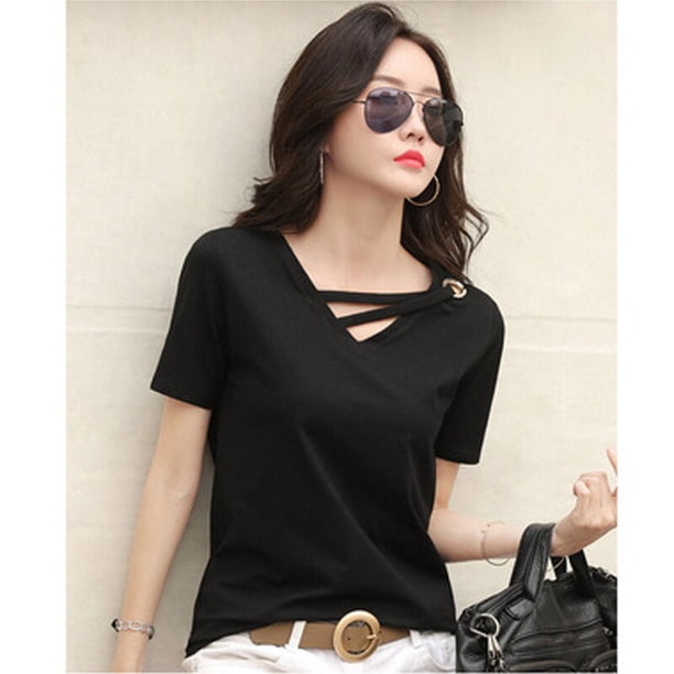 MRMT-Camiseta blanca de manga corta para mujer, Camiseta holgada con cuello en V, versión coreana de blusa negra, informal, 2023