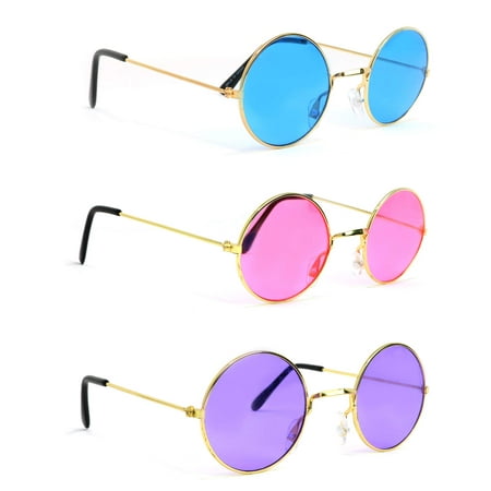 Skeleteen Tinted Round Hippie Glasses Pink Purple And Blue 60's Style Hipster Circle Sunglasses - 3