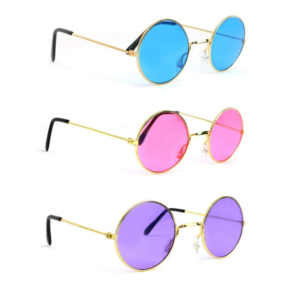 Skeleteen Tinted Round Hippie Glasses - Pink Purple And Blue 60's Style Hipster Circle Sunglasses - 3 Pairs