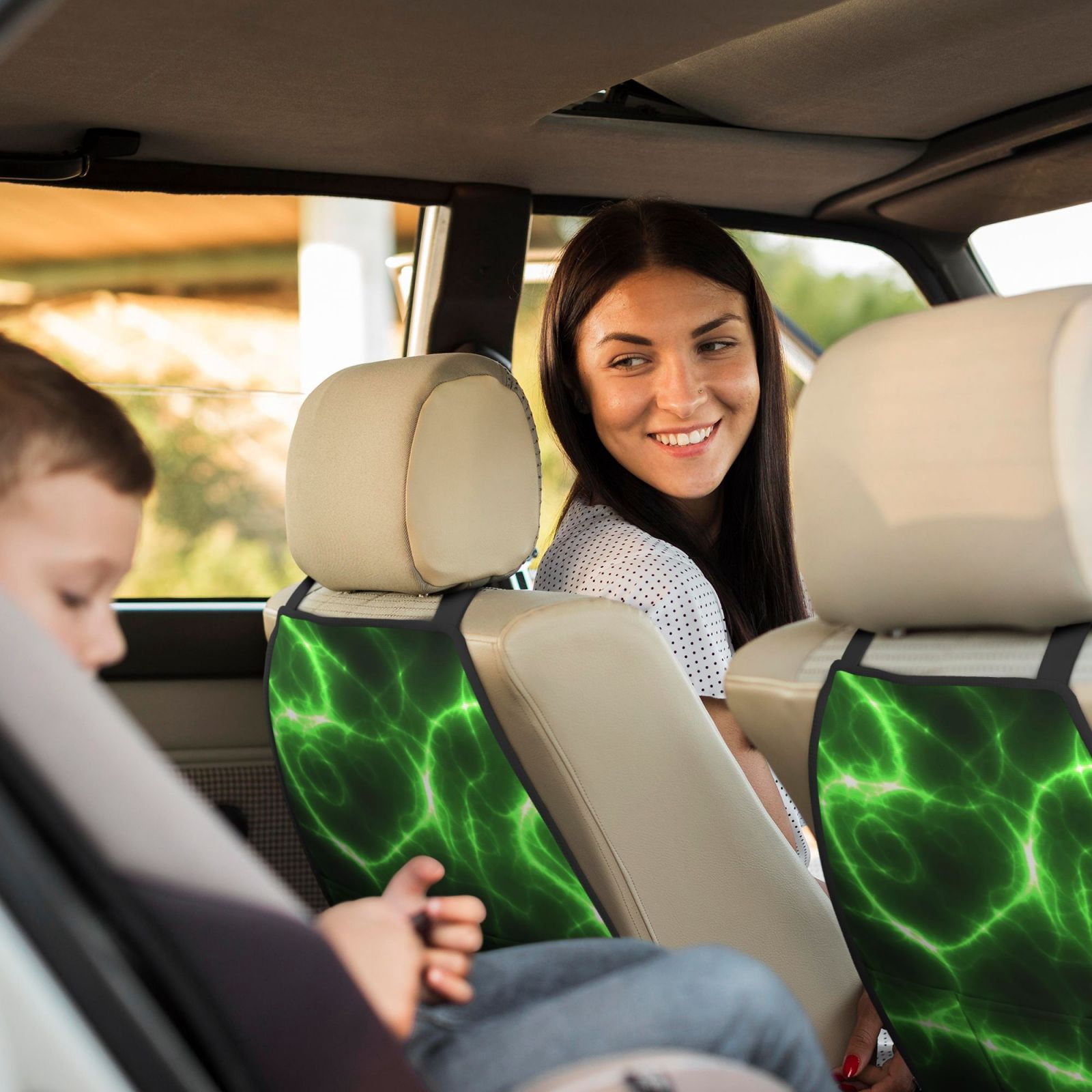 Xecao Green Lightning Pattern Car Seat Back Protector 2 Pack Large Capacity Pocket, Kick Mats Back Seat Protector