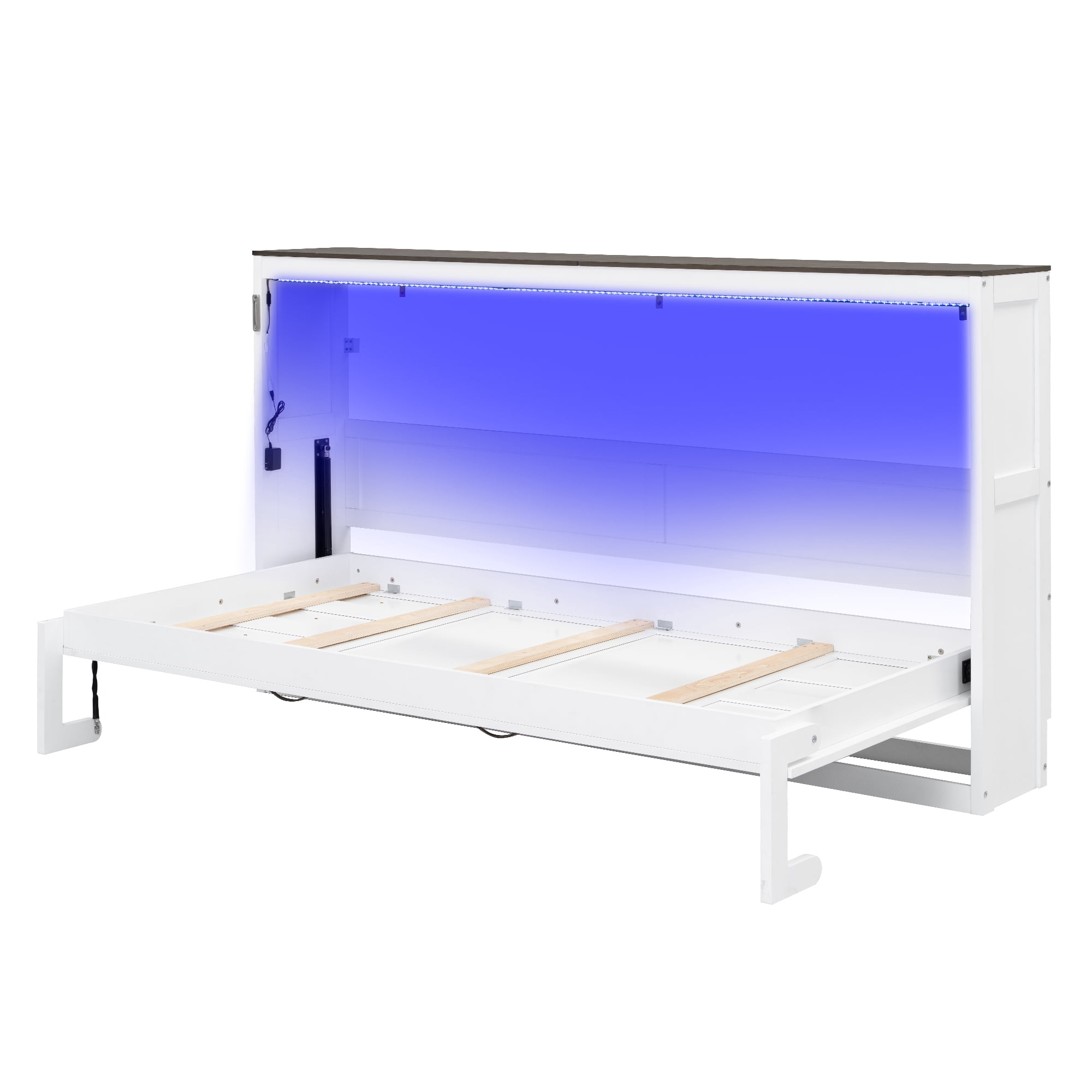 Euroco Wood Twin Size Murphy Bed with LED Light and Desktop, Storage Cabinet Wall Bed, White