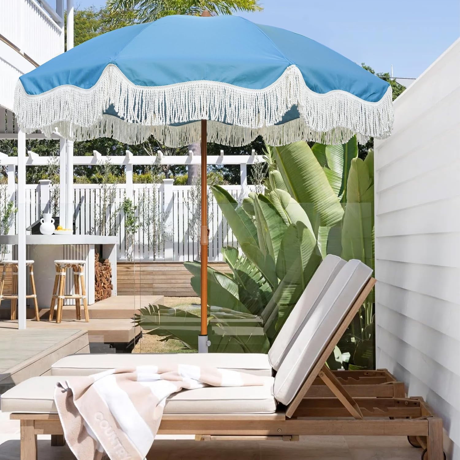 Boho Fringe Umbrella Outdoor Patio, 6.5ft UPF50+ Picnic Umbrella with Tassels with Steel Pole and Push Button Tilt, Pink Stripes