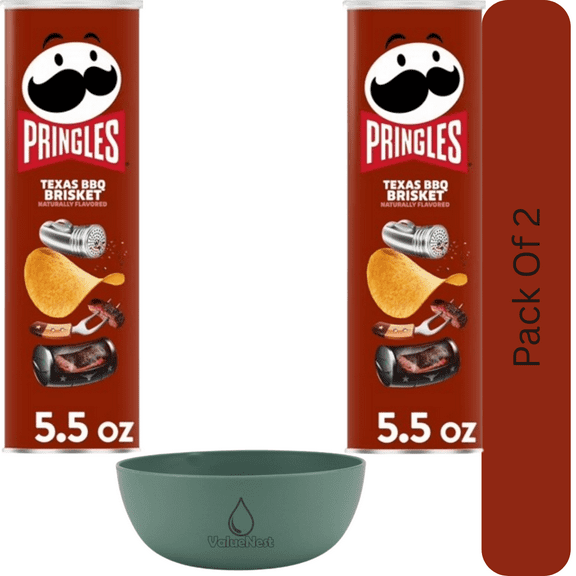 Pringles Texas BBQ Brisket Flavored Potato Crisps, Bold Lunch Snacks, 5.5 oz Can With Olive Green Bowl By ValueNest