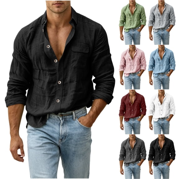 VBVC Men's Long Sleeve Button Down Shirt with One Pocket, Casual Long Sleeve Sleeve Work Tops For Men, Black , S-2XL