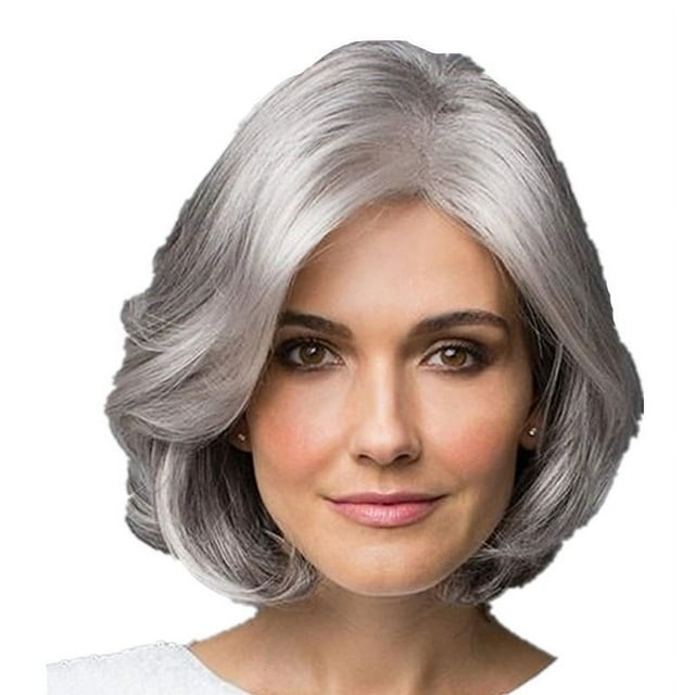 Peluca de mujer de mediana edad Cabello de mamá Gris plateado Cabello corto y rizado Cabello voluminoso Cabello realista Cabello corto