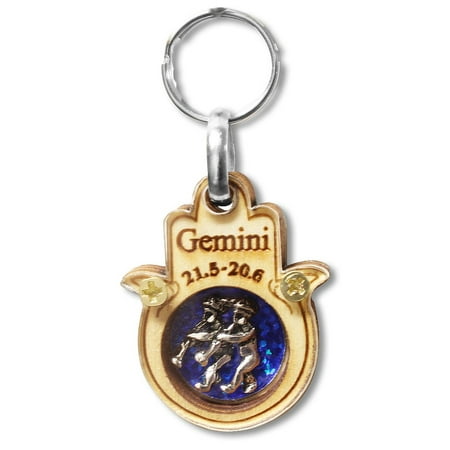 Hamsa Key - Wooden Good Luck Hamsa Hand Key Chain Keychain Zodiac Sign - Gemini - Made in Israel