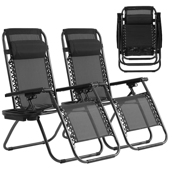 BIQWBIC 2 Zero Gravity Lounge Chairs, Foldable Reclining Camping with Padded Headrest & Cup Holder for Patio, Lawn, Beach, Black