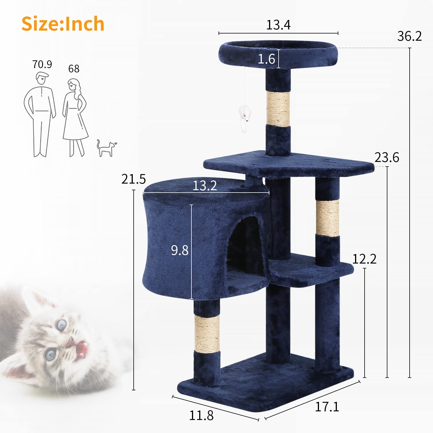 YRLLENSDAN 36 inch Cat Tree Tower for Indoor Cats, Small Cat Tower with Scratching Post, Cat Climbing Tower with Sturdy Cat Condo, Kitten Tree, Dark Blue