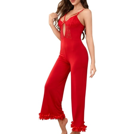 Oplxuo Womens Deep V Sexy Floral Lace Cutout Wde Leg Jumpsuit Ruffle Teddy Babydoll Lingerie Nightwear