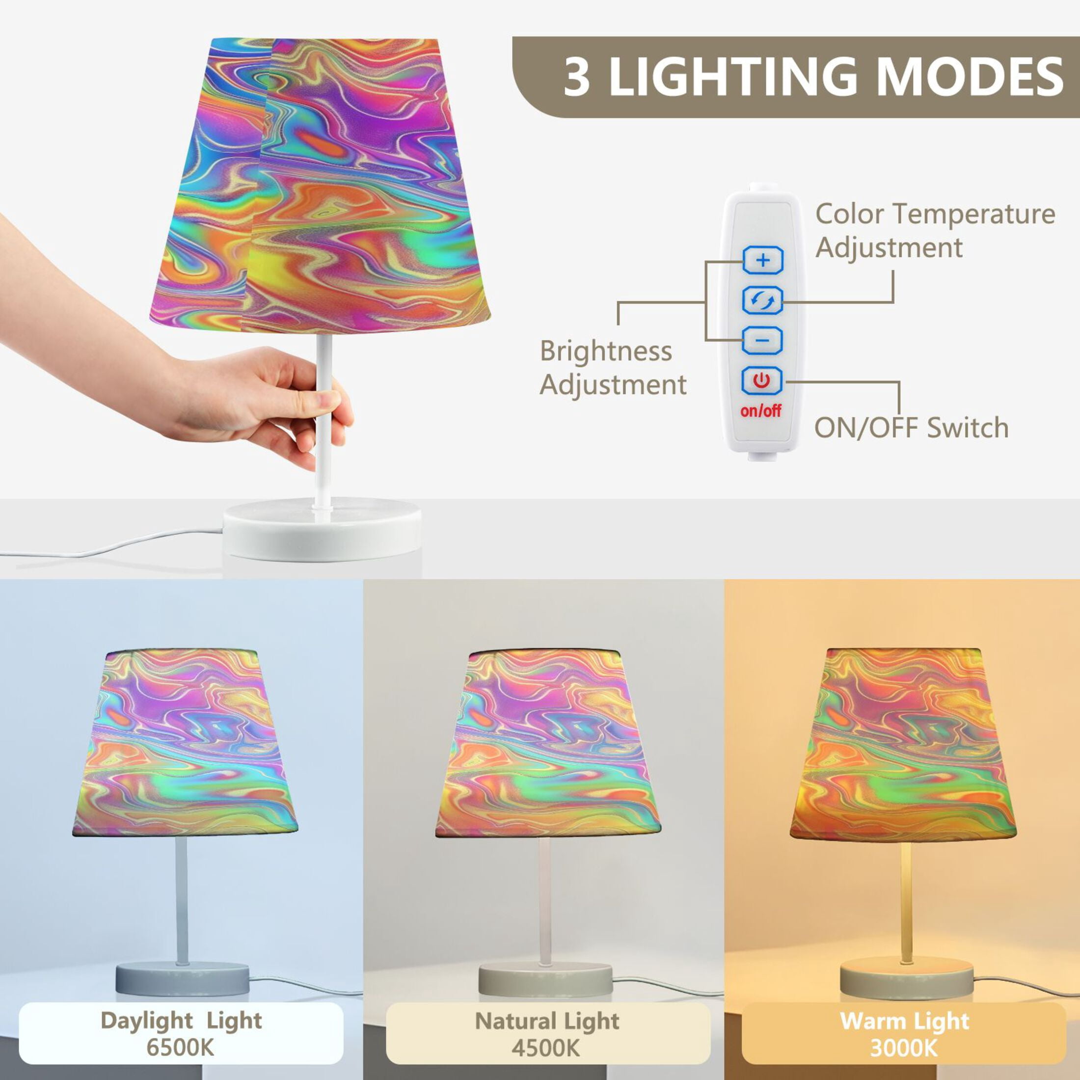 Rainbow Tie-dye Desk Lamp LED Table Nightstand Lamps with 3 Color Temperatures for Home Bedroom Living Room Decor 8x12