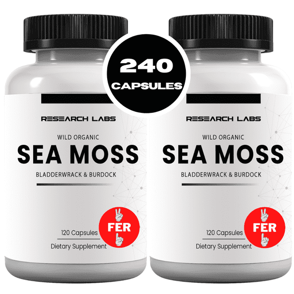 Research Labs 2 Fer 1 Ad Organic Irish Sea Moss Capsules for Thyroid Support, Raw Wildcrafted Seamoss Enhanced w/ Bladderwrack & Burdock Root 240 Total Pills