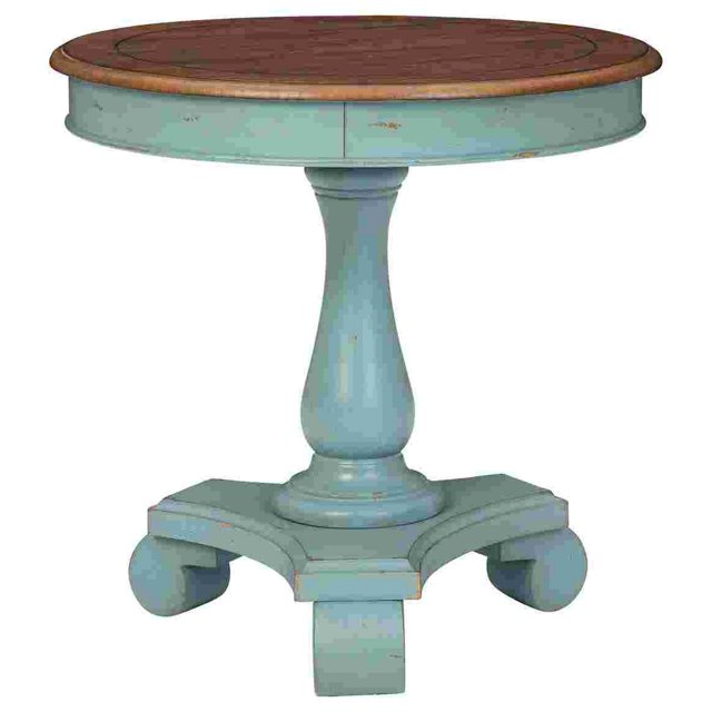 Benjara Wooden Accent Table with Round Tabletop, Teal Blue and Brown