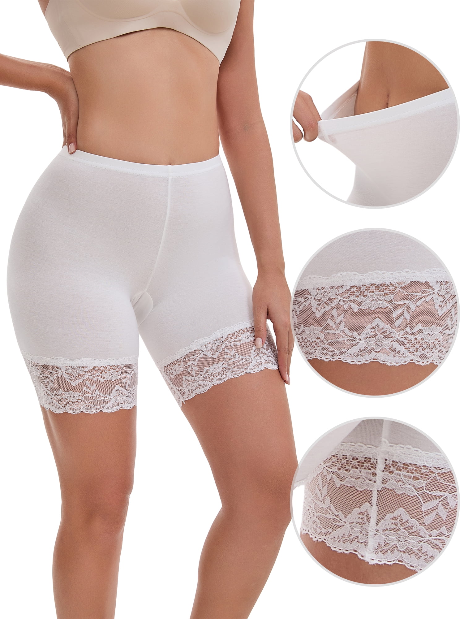 DARING DIVA Women's Wide Lace Trim Shorts Mid Thigh Slimme Underwear S White