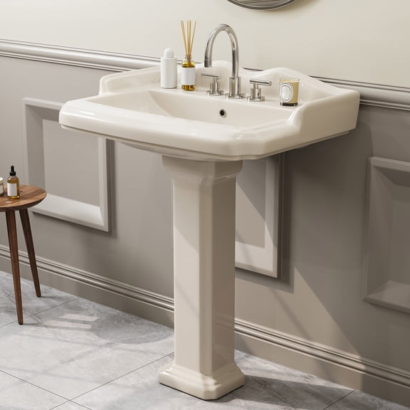 HOROW 23x19 Inch Bone Colored Pedestal Sink Combo with Overflow and Single Faucet Hole, Ceramic Bathroom Vanity Sink