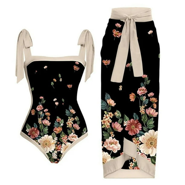 Traje De Baño Damas 2 piezas de traje de playa para mujer con cordones y vestido para deportes acuáticos (flor negra L) Ehuebsd Para Estrenar