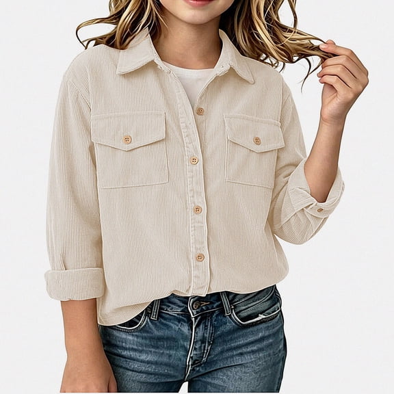 DJDLJWCJ Girls Corduroy Button Down Jacket Girls Vintage Turn Collar Long Sleeve Coat Beige Size 10