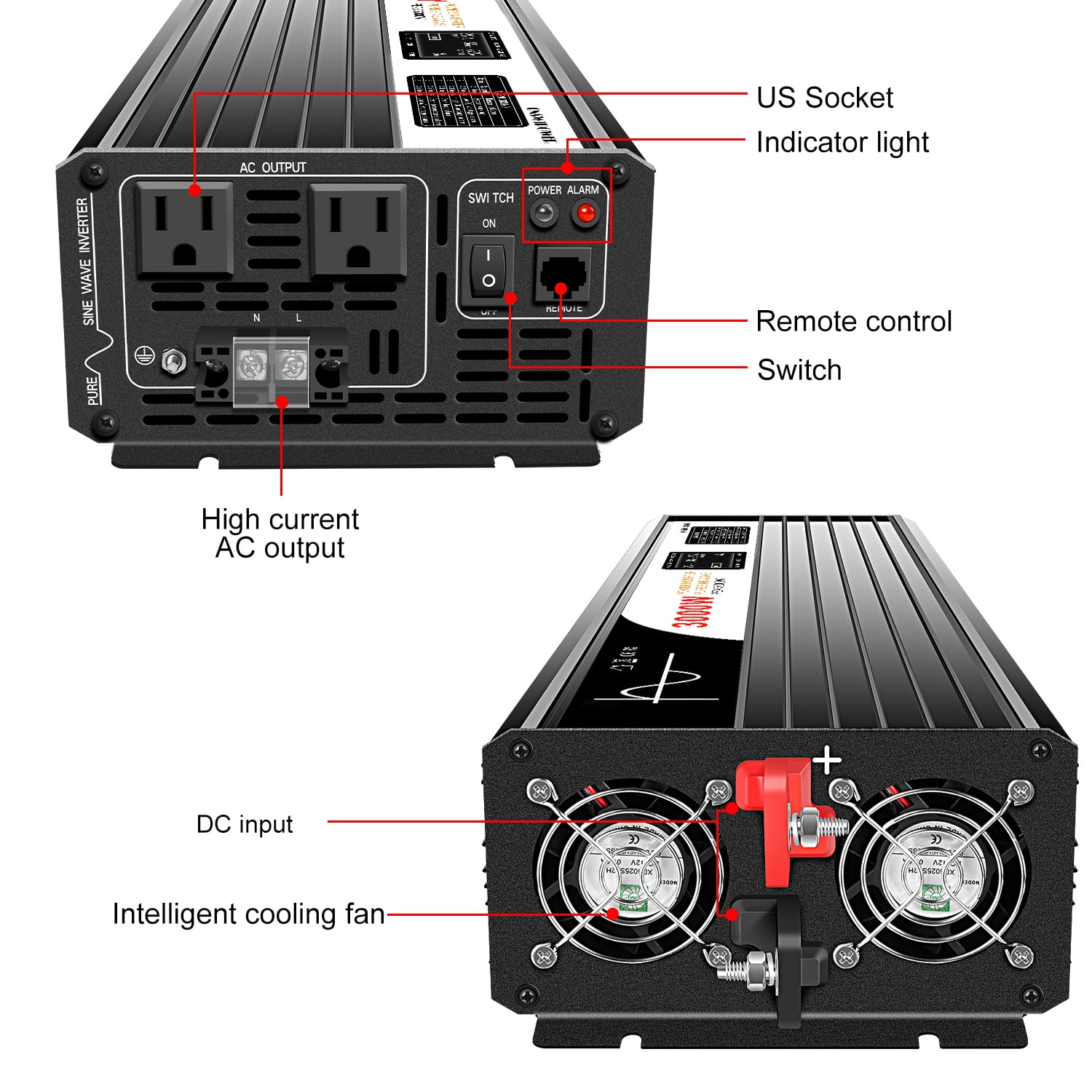 CNSWIPOWER Off Grid Power Inverter 24VDC to 120VAC/110VAC Pure Sine Wave Solar Converter 3000W