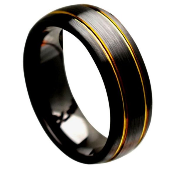 8mm Ceramic Ring Black Domed Brushed Center with Yellow Gold Tone Pinstripe sides Wedding band Ring for Men and Ladies