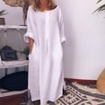 thumbnail image 2 of JUNWELL Robe Caftan à Col Rond Coton Lin Longue Chemise Robes Caftan pour Femmes Décontracté Femmes Couleur Unie Robe Maxi Oversize, 2 of 7