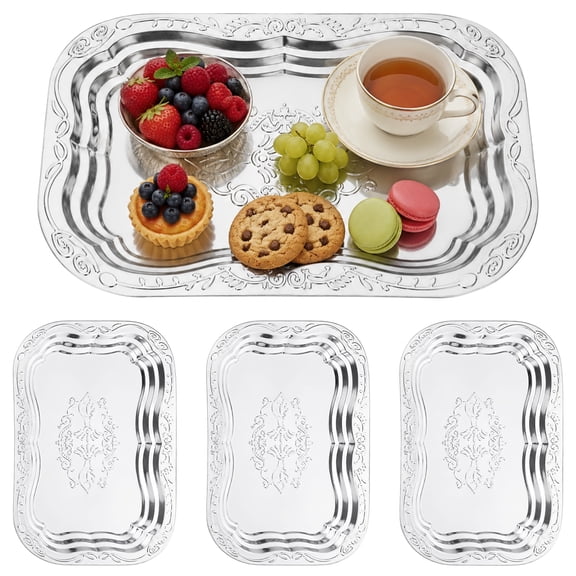 4 Pcs Large Silver Serving Trays, 15.7x10.8 in Stainless Steel Rectangular Serving Tray, Decorative Floral Engraved Platters for Party, Wedding, Buffet, Home Kitchen