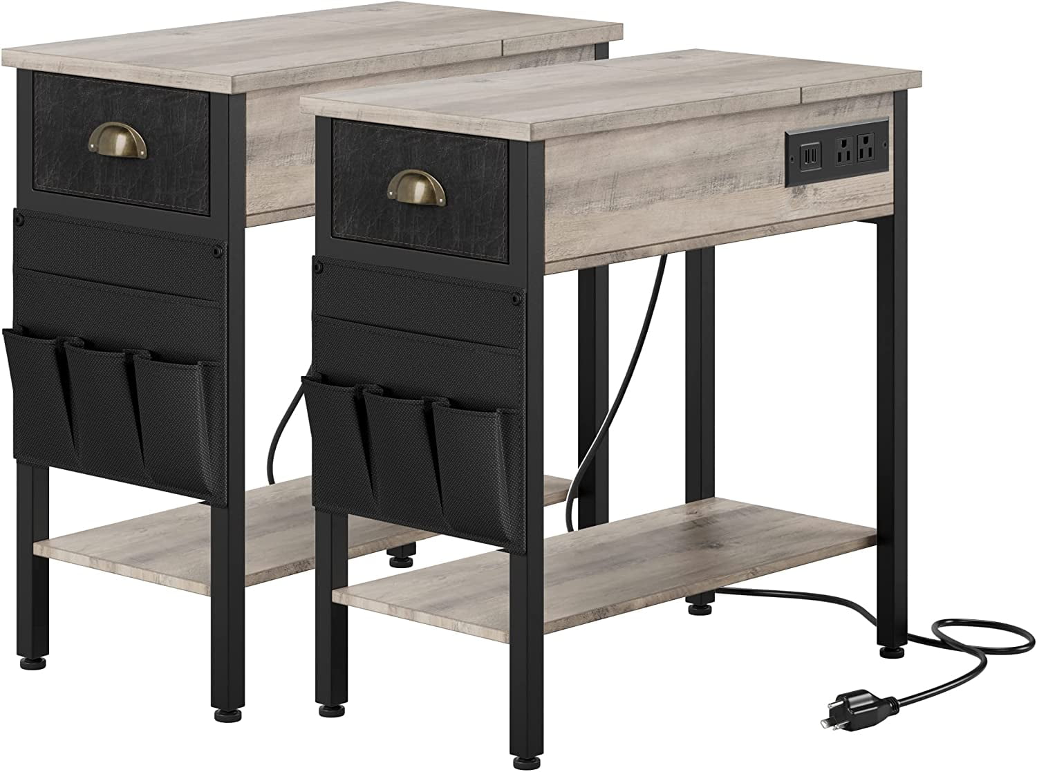 Set of 2 Black End Tables with Charging Station, USB Ports & Outlets