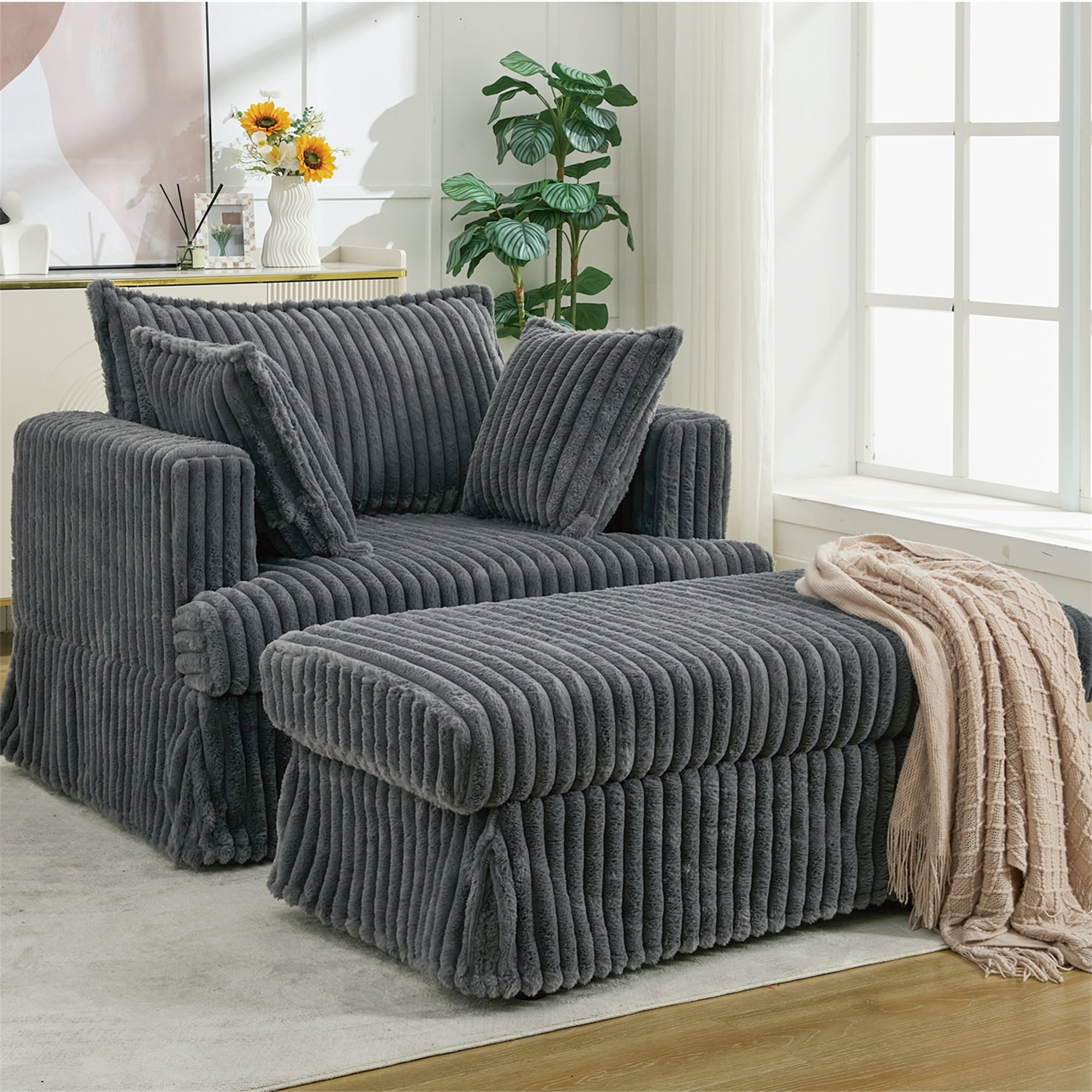 Aukfa 48" inch Chaise Lounge, Oversized Sofa Chair with Ottoman, 3 Pillows, Corduroy, Dark Gray