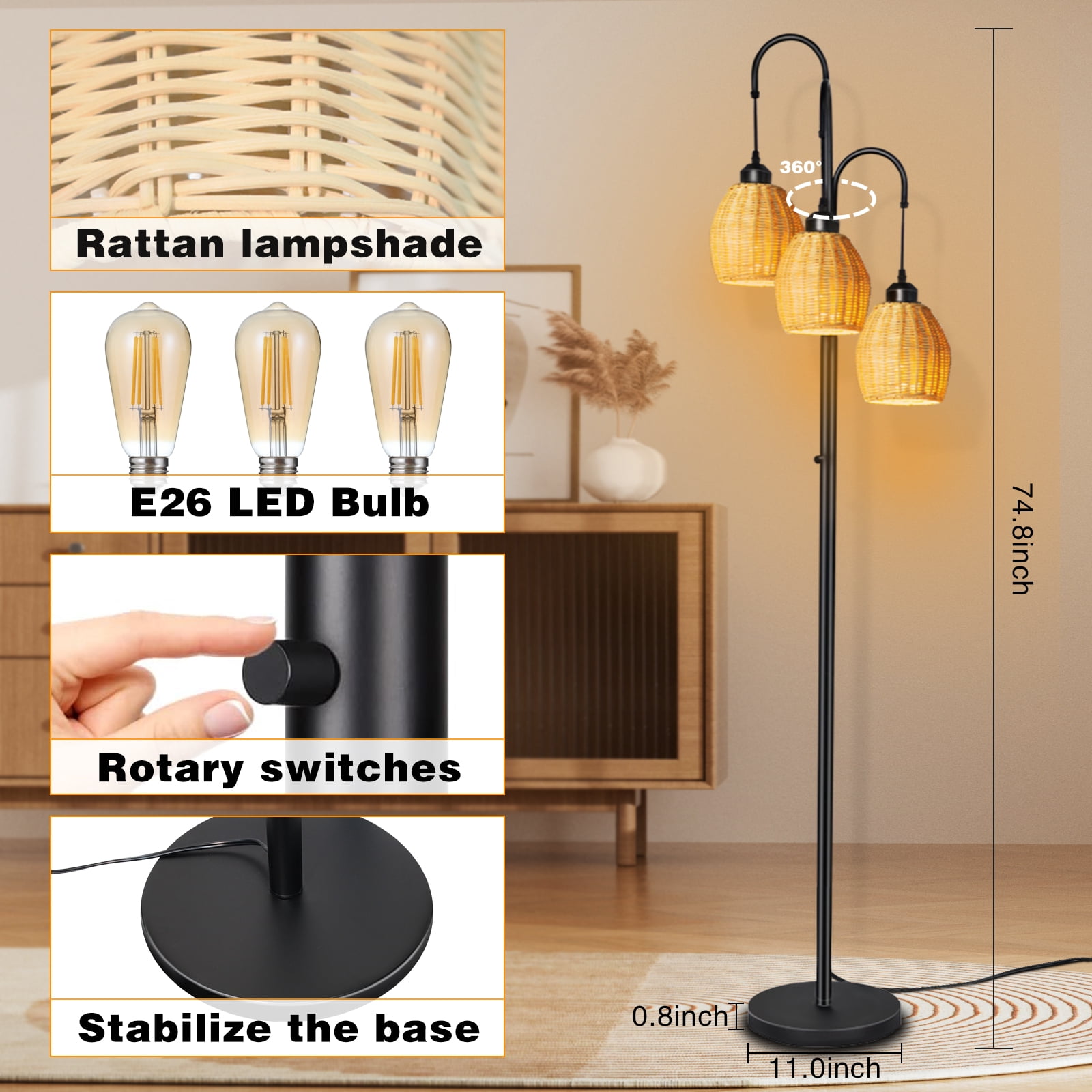 Lambaolom Rattan Boho Floor Lamp: Stepless Dimmable for Living Room, 3-Light Tree Design, Includes 3 Pcs 6W LED Bulbs