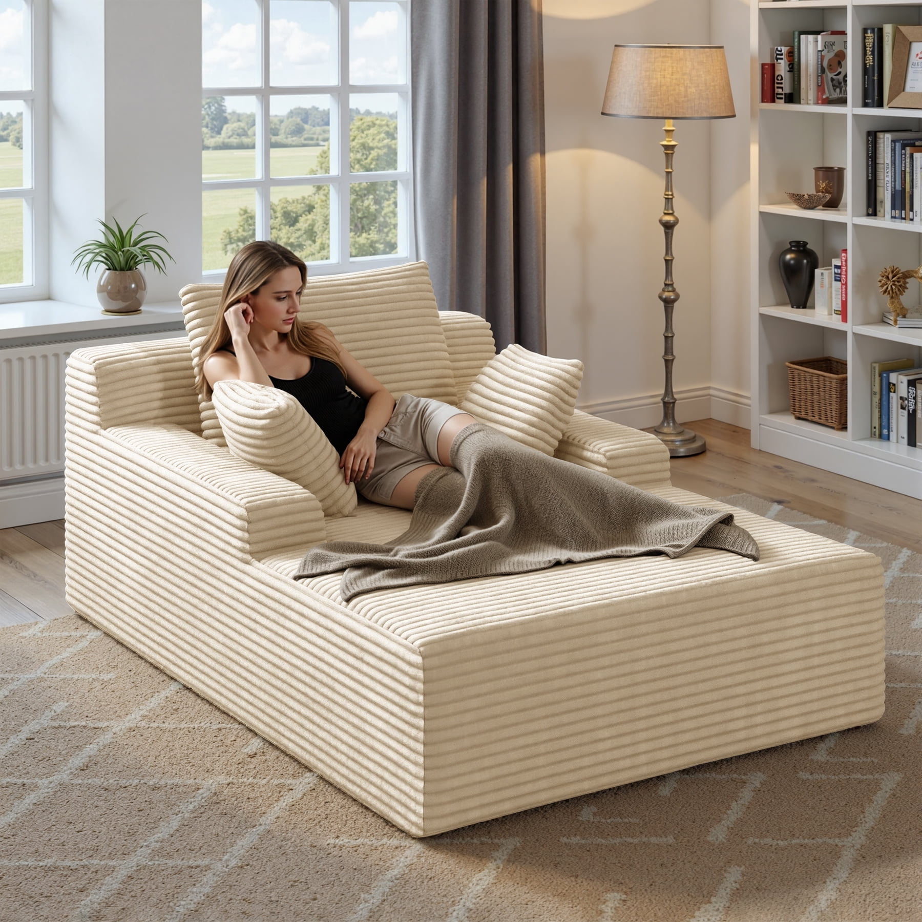 MOONMISS 68" Oversize Chaise Lounge Chair Indoor,Comfy Non-assembly Sofa Couches With 3 Pillows,Khaki